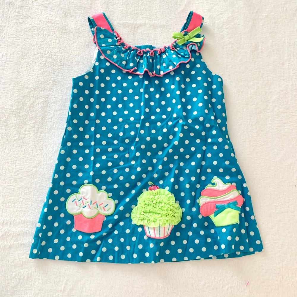 Rare Editions Cupcake Polka Dot Dress Girls Size 4 Blue Pink Cotton Party Summer